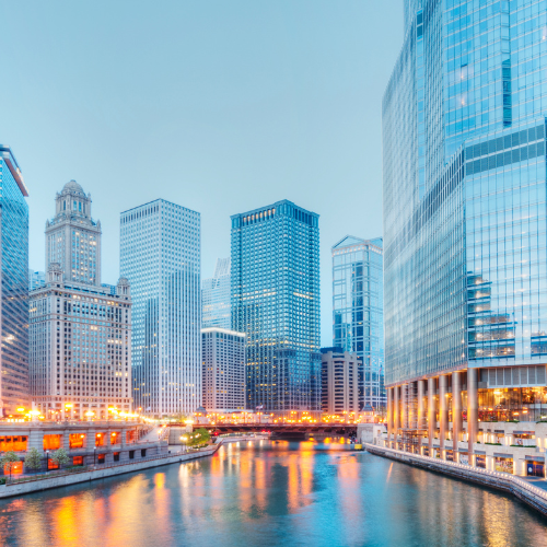 The Chicago River illuminated by lights